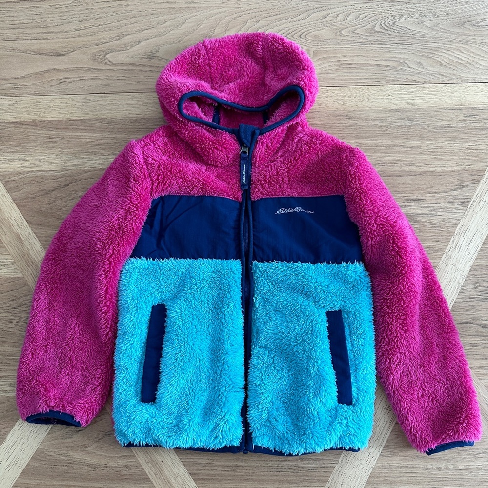 Eddie Bauer Kids Plush Fleece Sherpa Hooded Jacket size XS (5/6) Teal & Pink